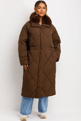 long quilted puffer coat with faux fur collar womens styled up