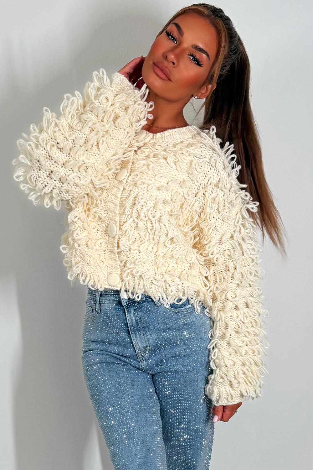 shappy loop tassels fringe cardigan jumper womens knitwear christmas market outfit styledup