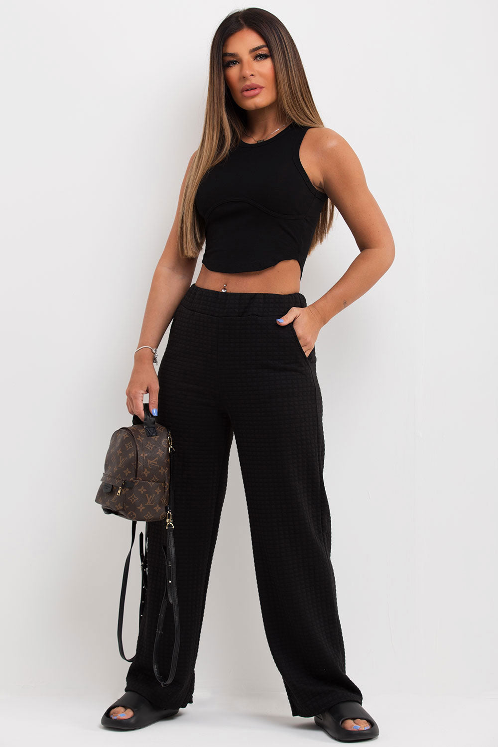 quilted wide leg trousers womens