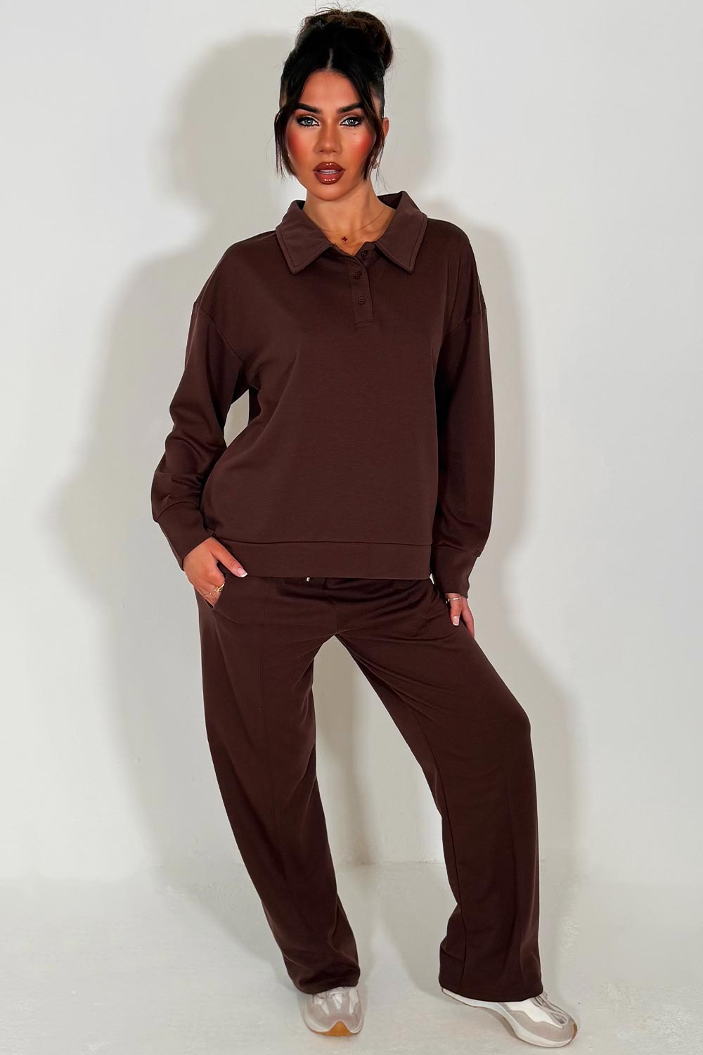 womens zara half button up front collared jumper and joggers tracksuit loungewear set airport outfit