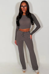 womens striped lounge set brown contrast striped co ord casual everyday outfit for airport styledup