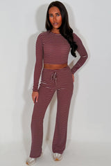 womens burgundy striped lounge set long sleeve crop top and wide leg trouser co ord set styledup 