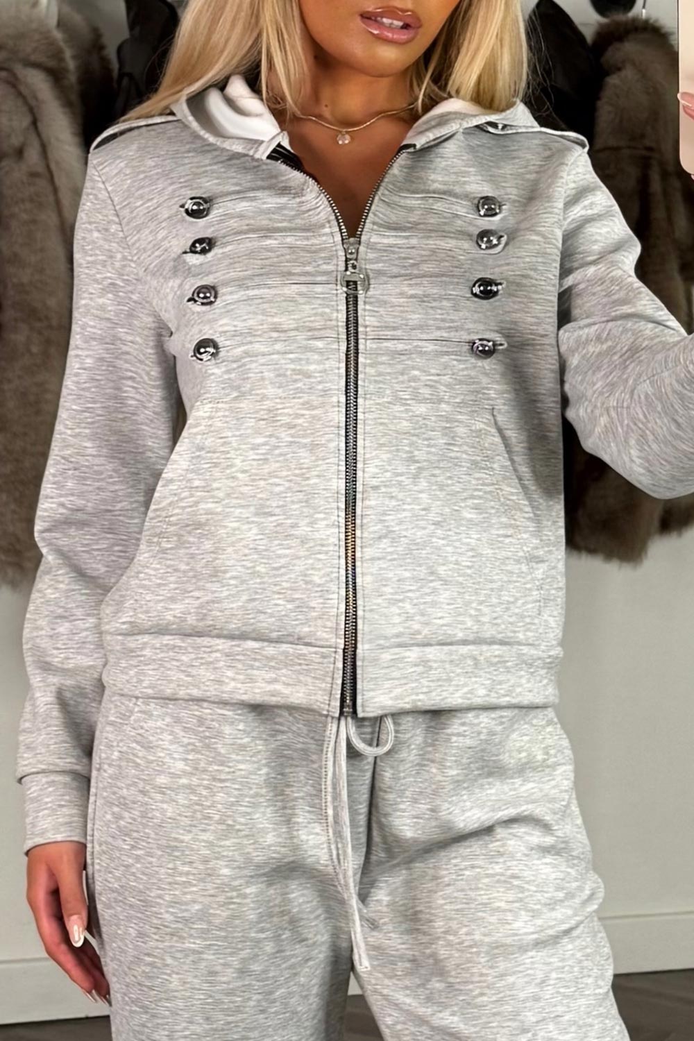 womens zip up hoodie with mock frog closure and wide leg trousers two piece lounge set winter casual everyday outfit styledup uk