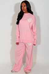 knitted sweatshirt and knitted trouser womens lounge set pink with contrast emblem couture club uk