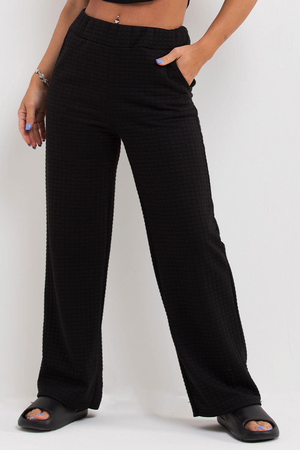 womens black quilted wide leg trousers