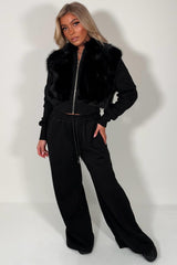 faux fur crop hoodie and wide leg joggers two piece co ord set black styledup uk