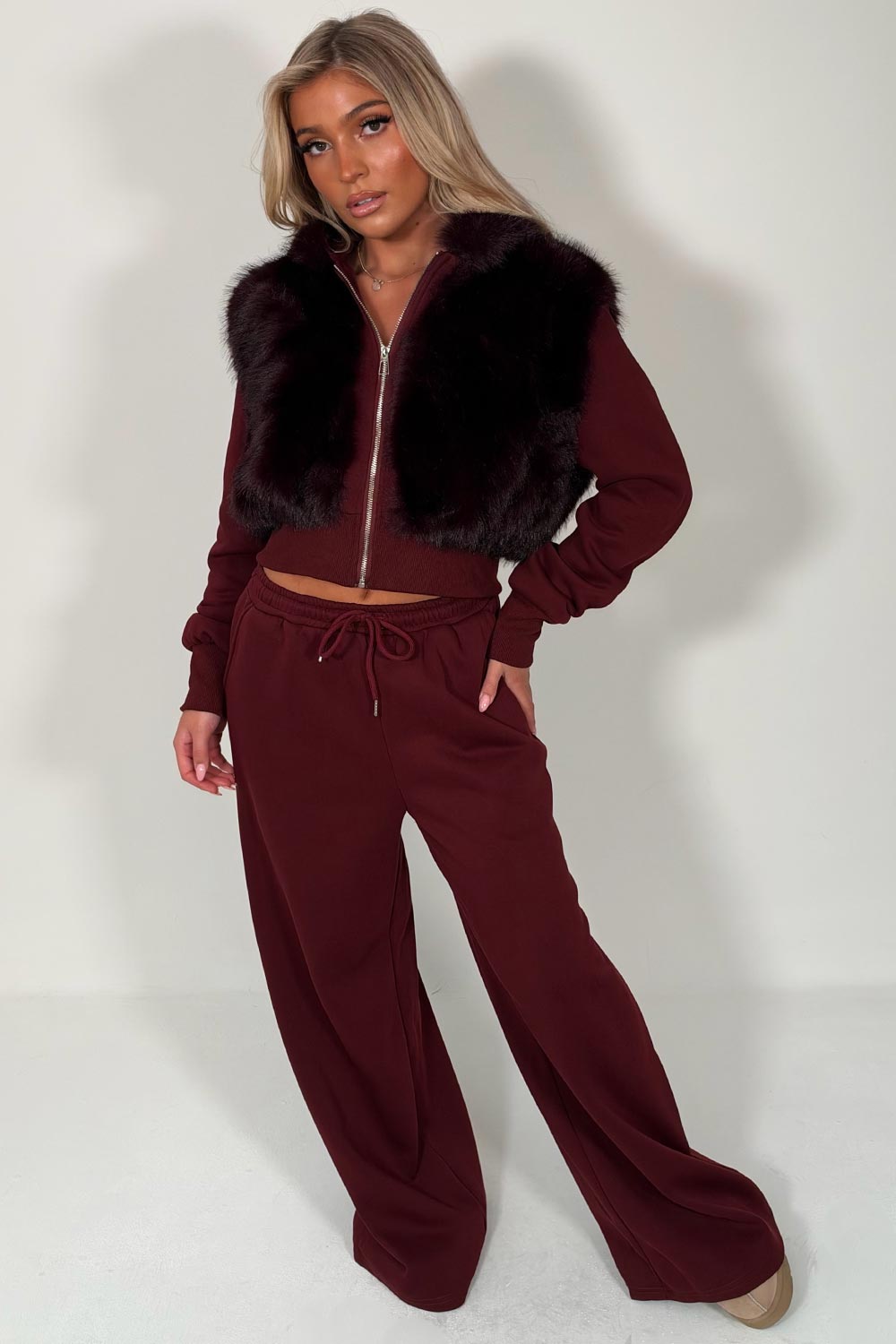 womens wide leg joggers and crop faux fur hoodie winter loungewear set christmas gift for girl friend styledup uk