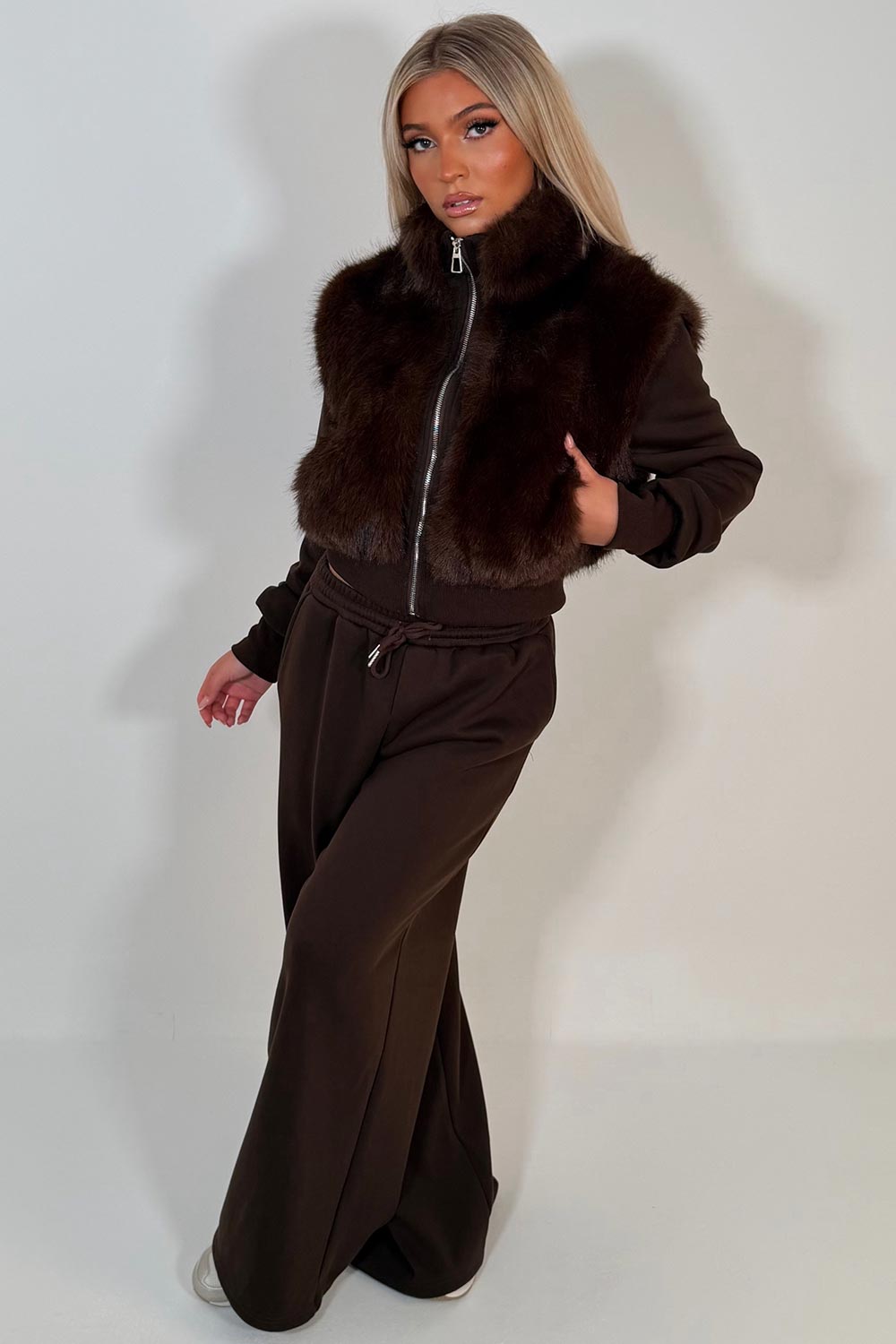 faux fur zip up jacket and joggers two piece loungewear co ord set brown styledup uk
