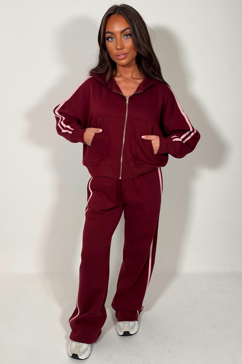 burgundy zip up hoodie and joggers tracksuit co ord set for womens styledup