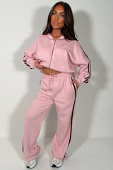 Pink Zip Up Hoodie & Joggers Tracksuit Co Ord Set With Side Stripes
