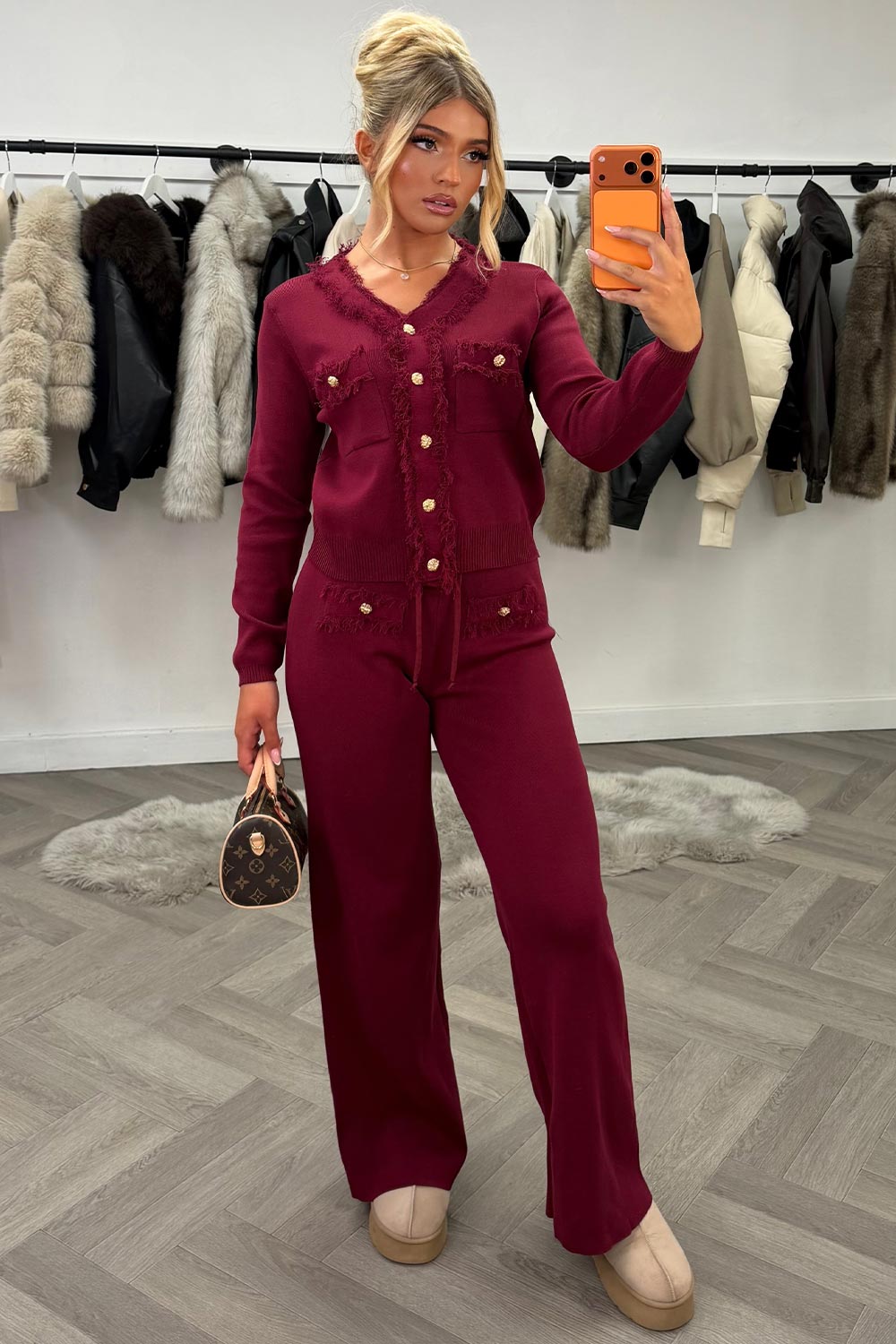 gold button knitted jumper top and trousers two piece co ord set occasion christmas party holiday outfit for winter uk