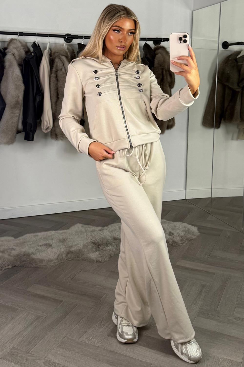 womens beige zip up hoodie and joggers tracksuit co ord set with mock frog closure  styledup uk