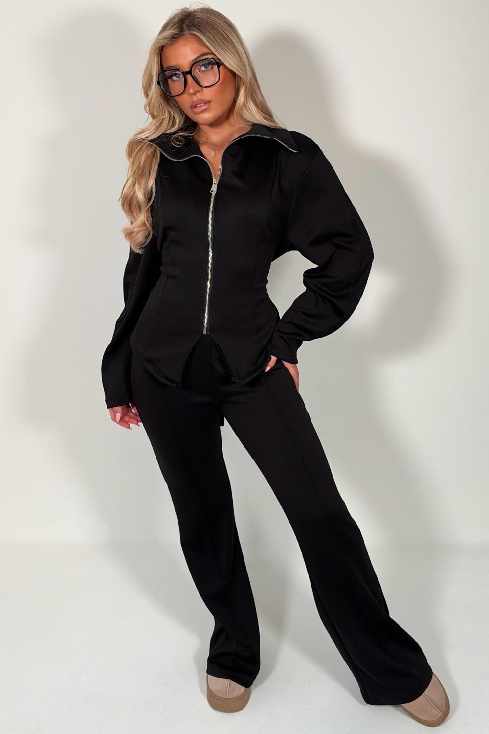 womens black lounge set with tie back cinched waist styledup uk