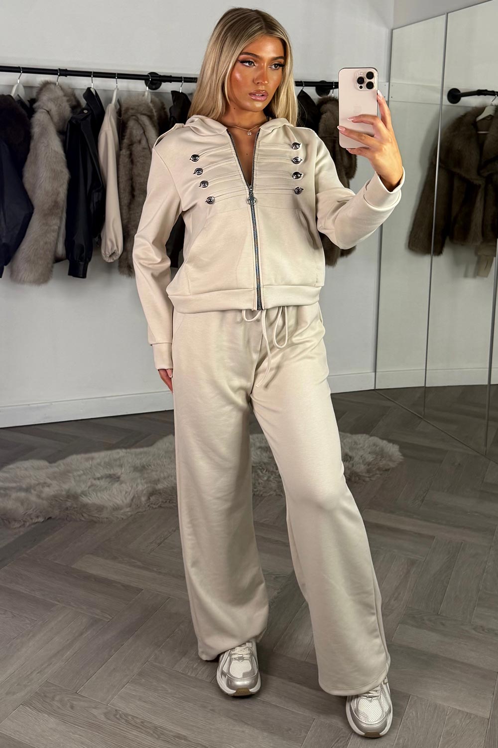 womens frog closure zip up hoodie and jogger co ord set beige styledup uk