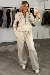 womens frog closure zip up hoodie and jogger co ord set beige styledup uk
