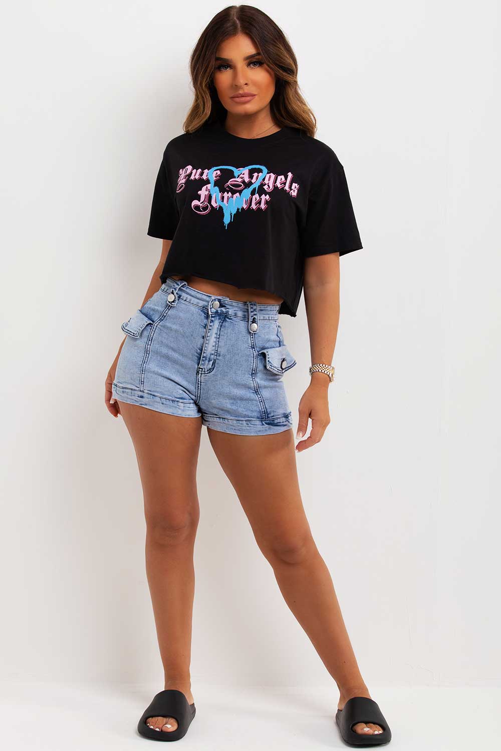 womens oversized crop t shirt with pure angels graphic print