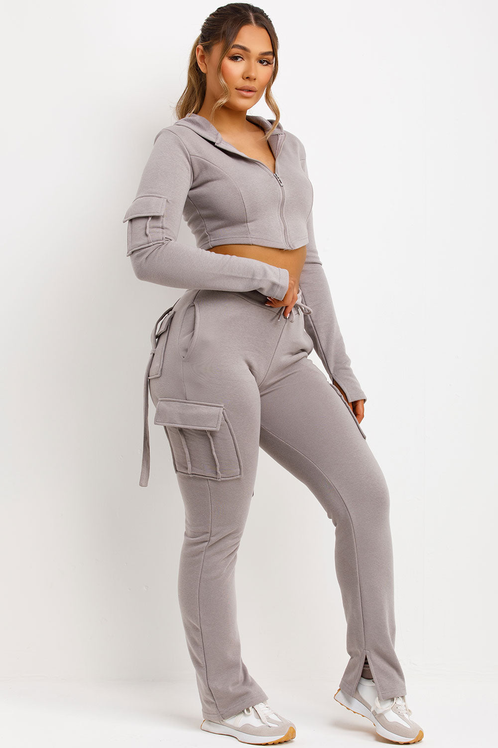 Cargo Joggers Crop Corset Hoodie Tracksuit Set Grey Airport Outfit