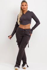 grey corset hoodie and cargo joggers with v cut waist ruched bum bad society club