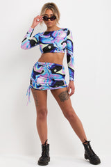 marble print ruched mini skirt and crop top co ord festival co ord