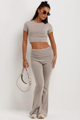 fold flared skinny flare trousers and crop top co ord set casual outfit womens
