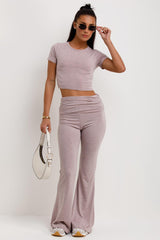 fold detail skinny flare trousers and crop top co ord set pink