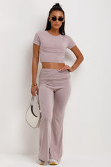 fold hem flared trousers and crop top co ord set pink casual  outfit