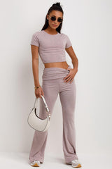 pink marl fold detail flare trousers and crop top co ord set womens casual summer outfit