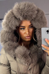 womens faux fur hood long line down padded puffer coat for winter styledup uk