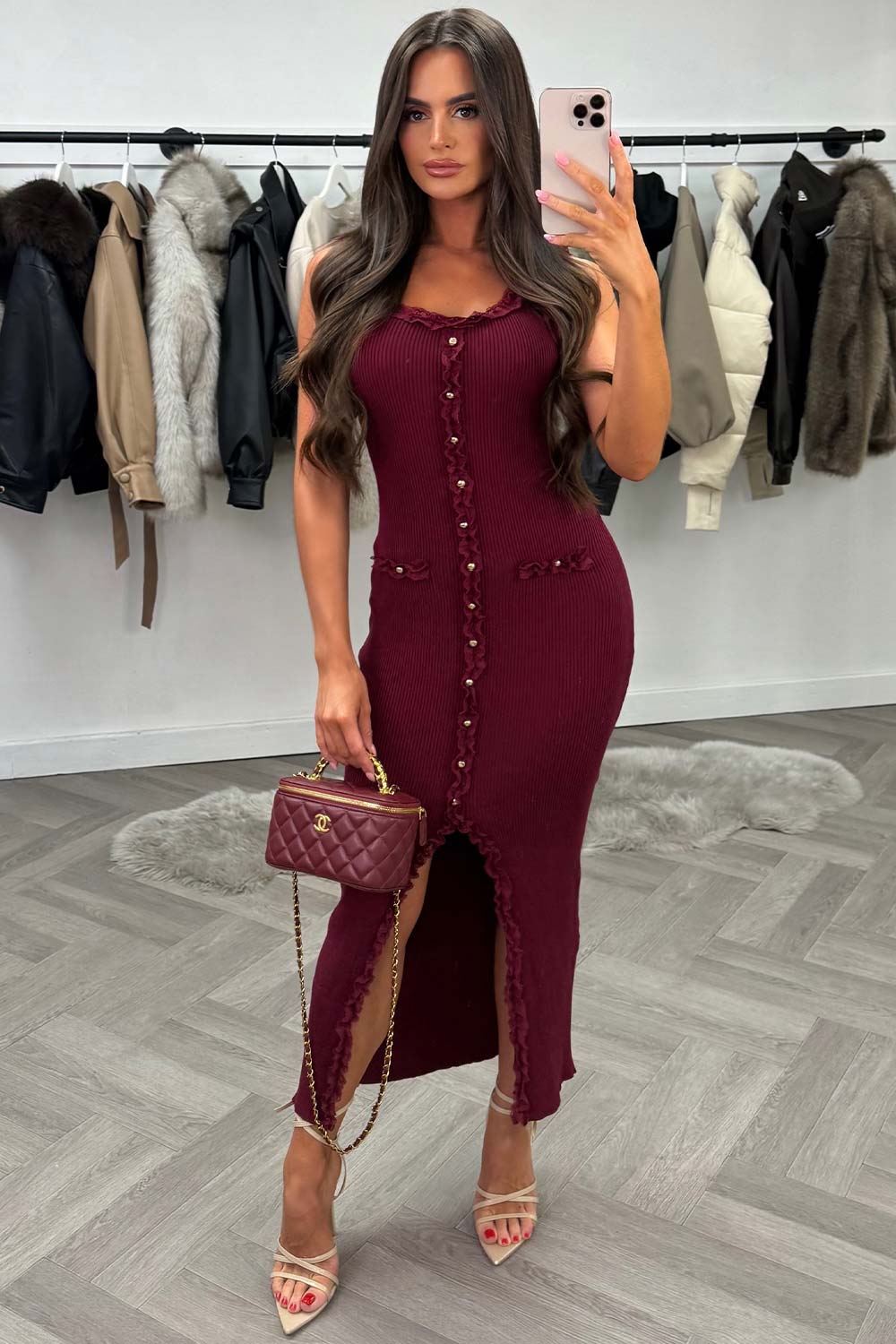 burgundy lace trim gold button ribbed midi dress styledup