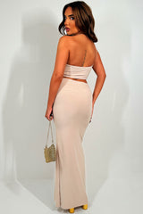 side split maxi skirt with twist detail and one shoulder bralet crop top co ord set going out outfit