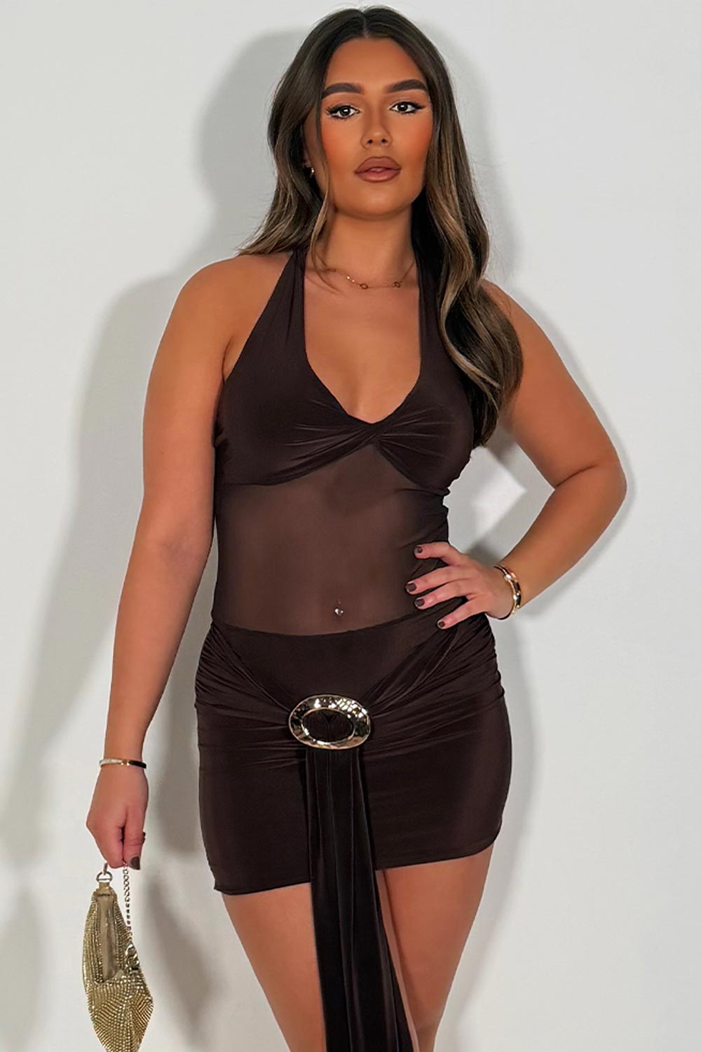 brown mini dress with drape detail occasion party night out outfit styledup 