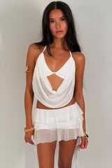 ruffle frilly micro shorts and cowl halter plunging backless top two piece festival outfit styledup uk
