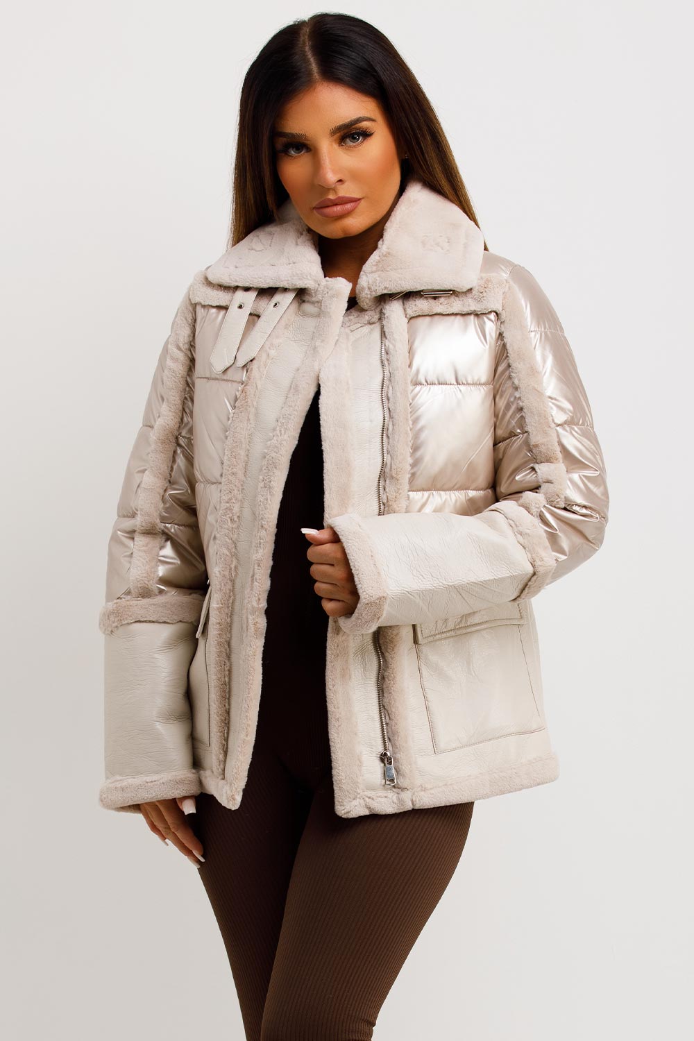 fur trim faux suede shiny padded jacket womens outerwear