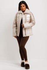 faux fur shiny puffer padded  jacket womens outerwear