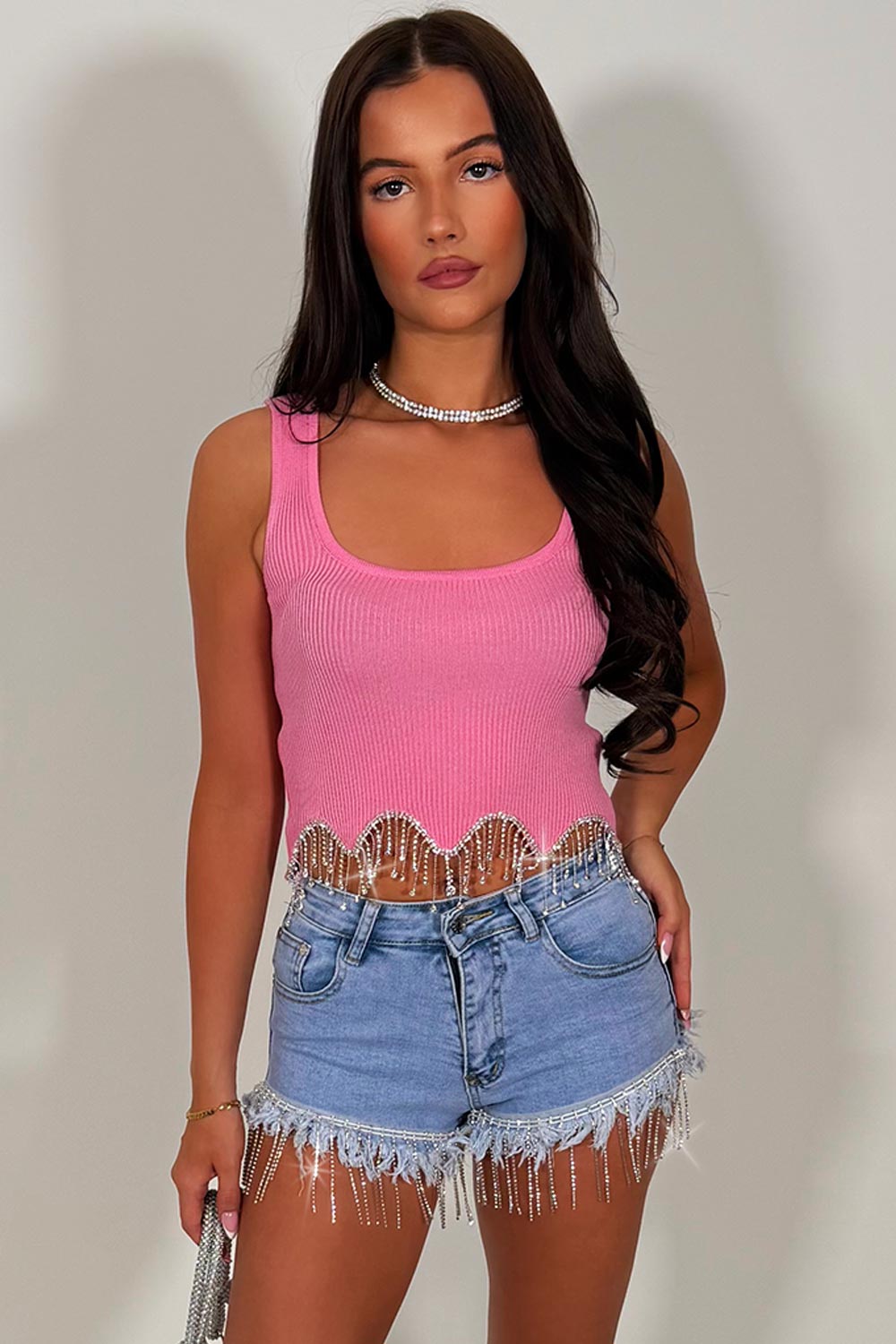 denim shorts with diamante trim styledup uk