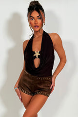 brown faux suede mini shorts with studs festival rave outfit womens styledup 