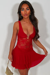 plunging ruffle frilly mini dress red styledup