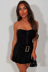 black faux suede mini festival skort set 
