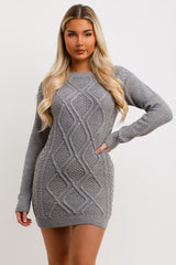 womens grey cable knit long sleeve jumper dress