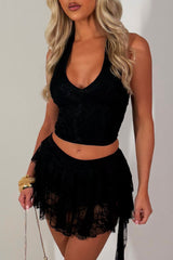 festival lace crop top and ruffle frilly skort co ord set black styledup uk