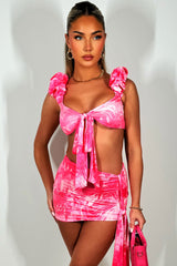 ruffle ruched shoulder bikini top and mini drape skirt two piece set summer holiday festival outfit