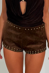 womens festival shorts in faux suede with studs rave party outfit brown styledup 
