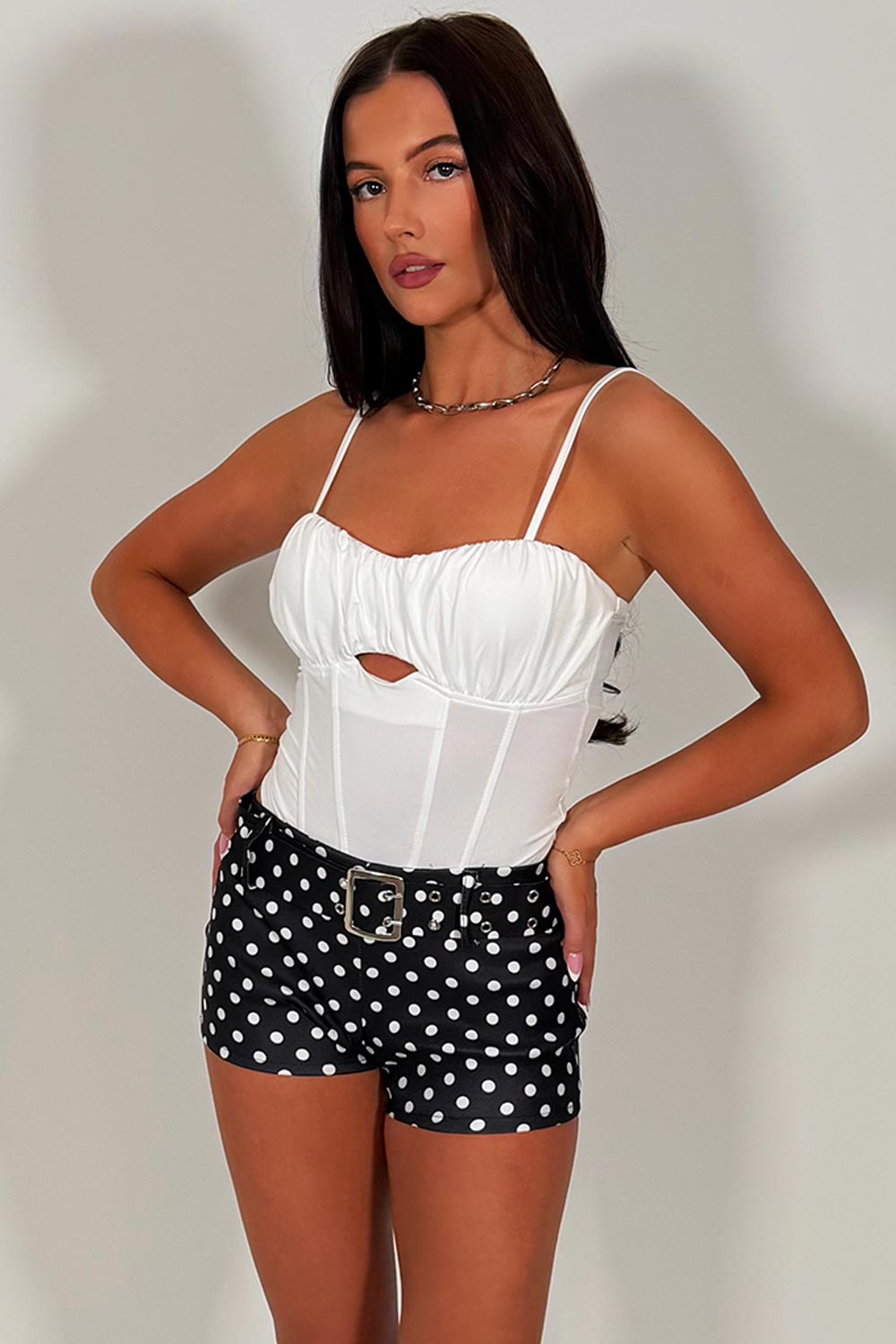 belted polka dot micro shorts going out festival outfit for women