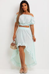 broderie anglaise off shoulder crop top and ruffle frill high low mullet skirt co ord set