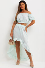 broderie anglaise high low skirt and off shoulder crop top co ord set