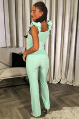 summer skinny flared trousers and ruched shoulder top co ord set