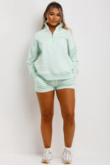 womens mint half zip sweatshirt and shorts tracksuit set
