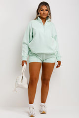 womens mint summer tracksuit sweatshirt with half zip and shorts lounge set