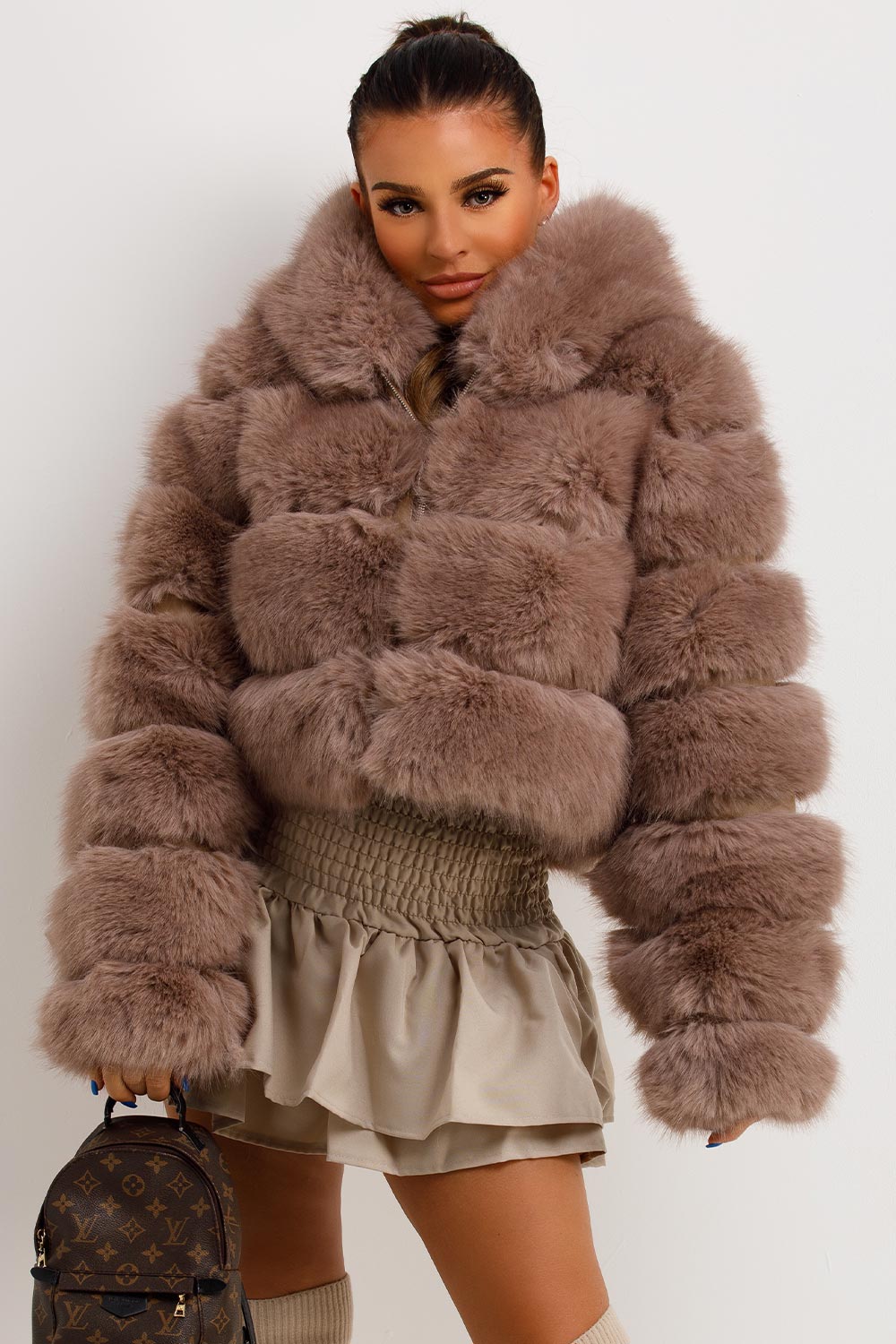 crop faux fur hooded coat tan