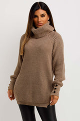 knitted jumper with roll neck and gold buttons